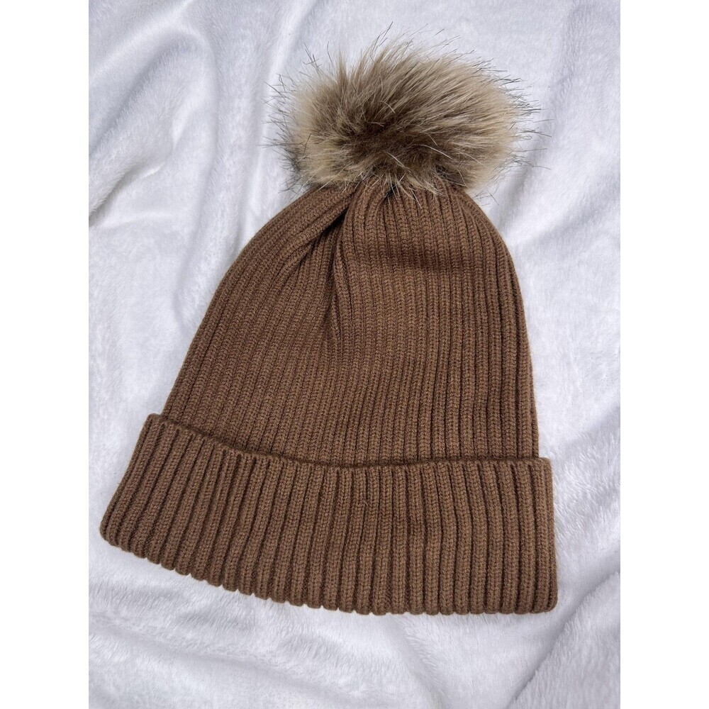 Steve Madden Hat Beanie OS Brown Ribbed Knit Faux Fur Pom Womens One Size Winter - Picture 2 of 3
